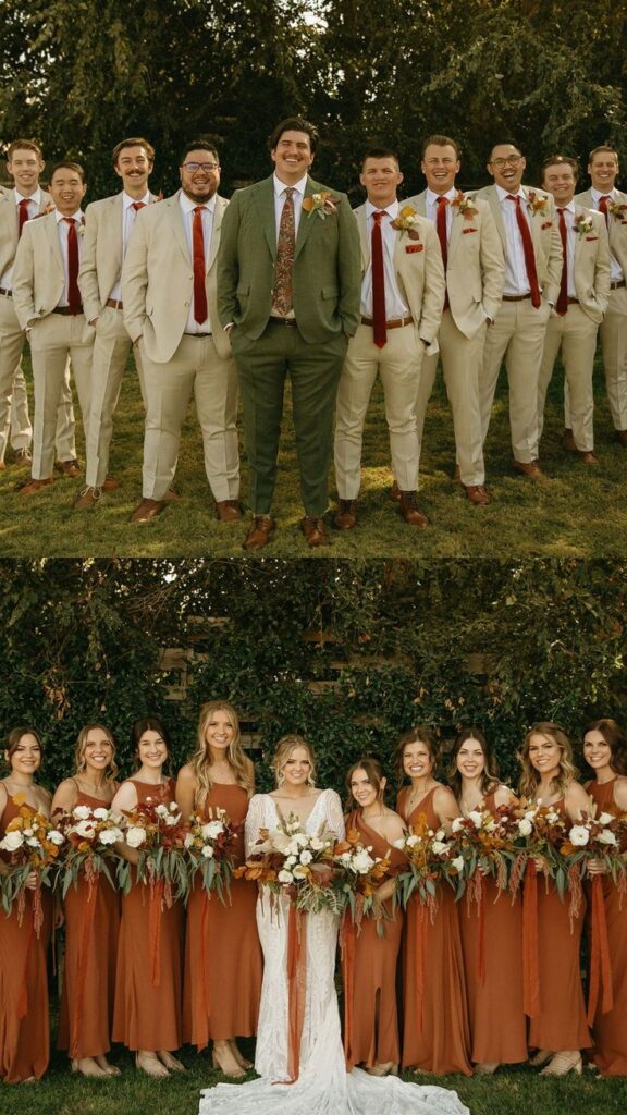 Burnt Orange, Red and Sage Green Wedding Attire