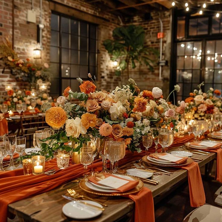 Burnt Orange, Red and Sage Green Wedding Table Decor