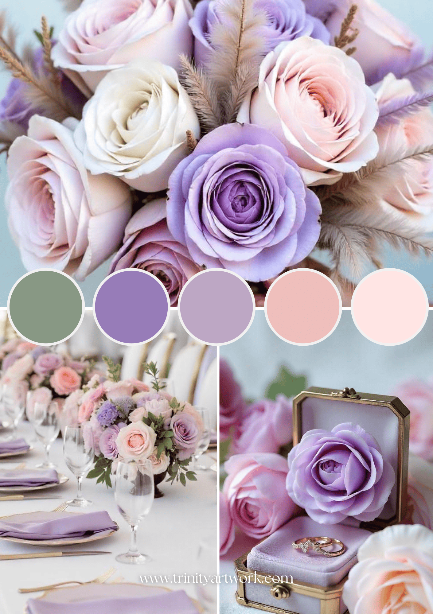 Soft pink, lilac, and sage wedding color palette