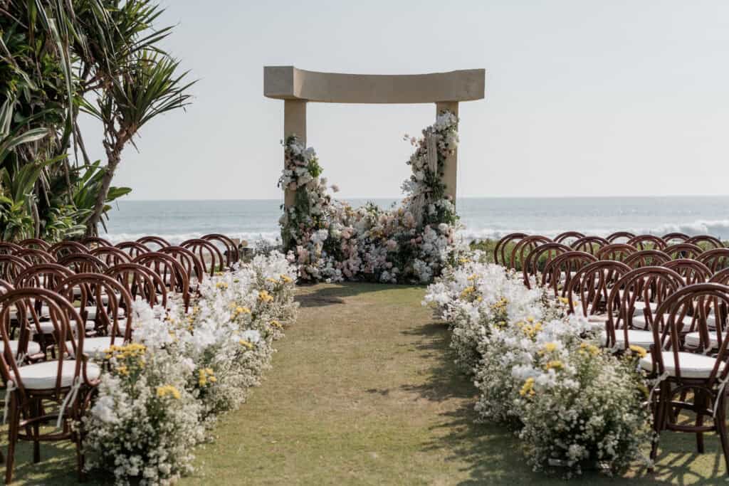Rustic outdoor wedding altar for holy matrimony ceremony