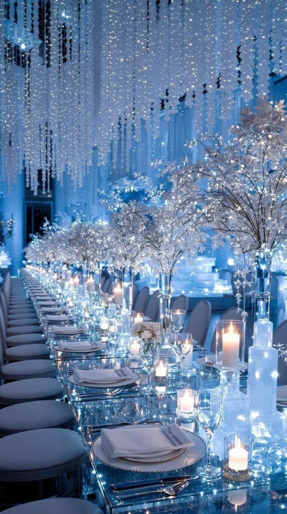 Lights and table setting for winter wedding theme