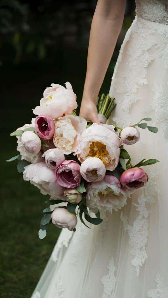 Peony and ranunculus wedding bouquet