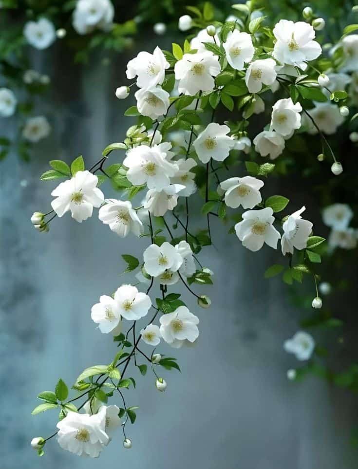 Cascading white jasmine flowers on vines