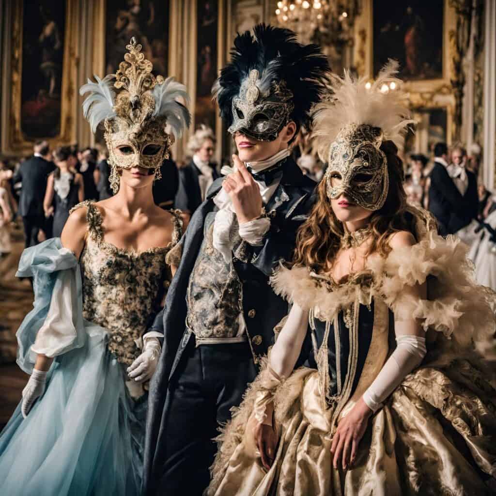 Elegant masked ball with ornate costumes and feathered masks