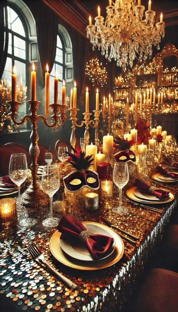 Masked ball table decor with candles, masks, and gold sparkle