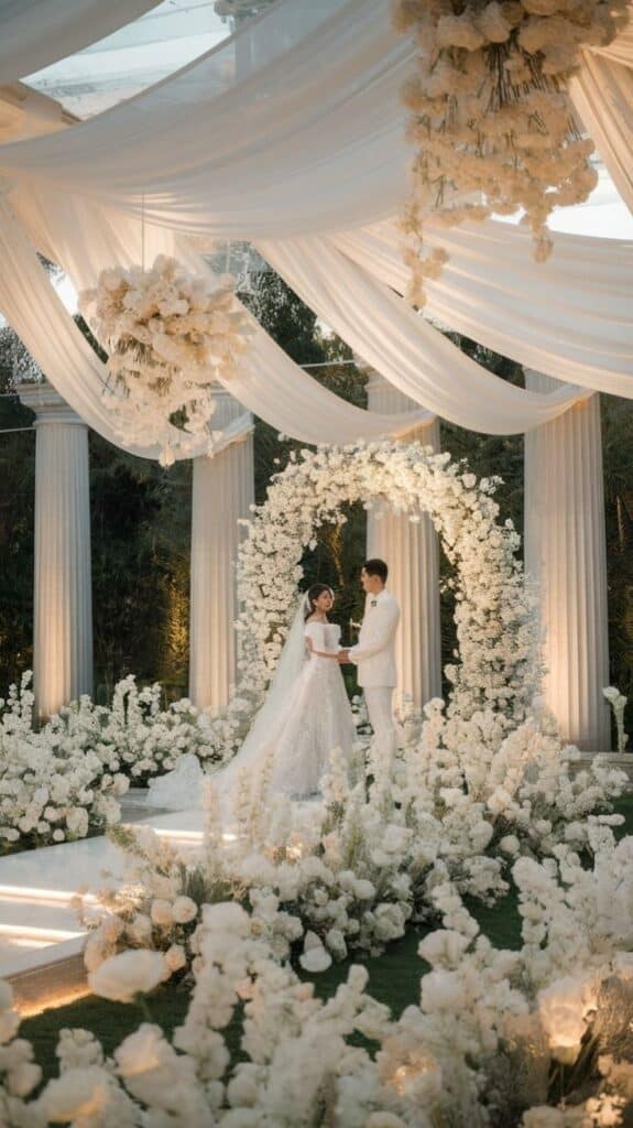 White on white drapery decor for timeless wedding look