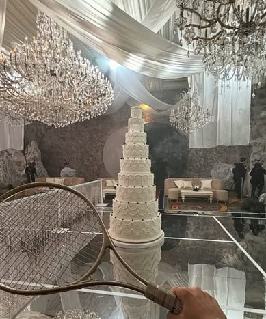 Wedding setup at Luna Maya's reception with tennis court and chandeliers