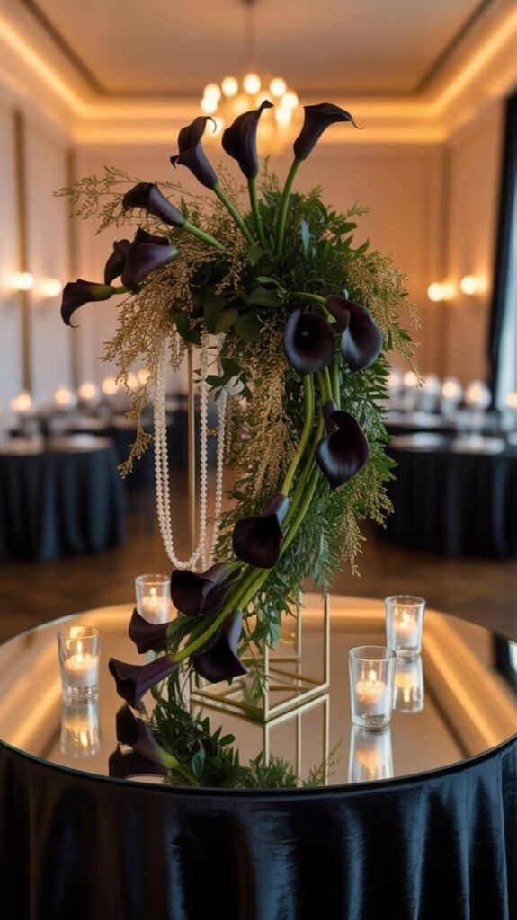 Black calla lilies used as table centerpiece