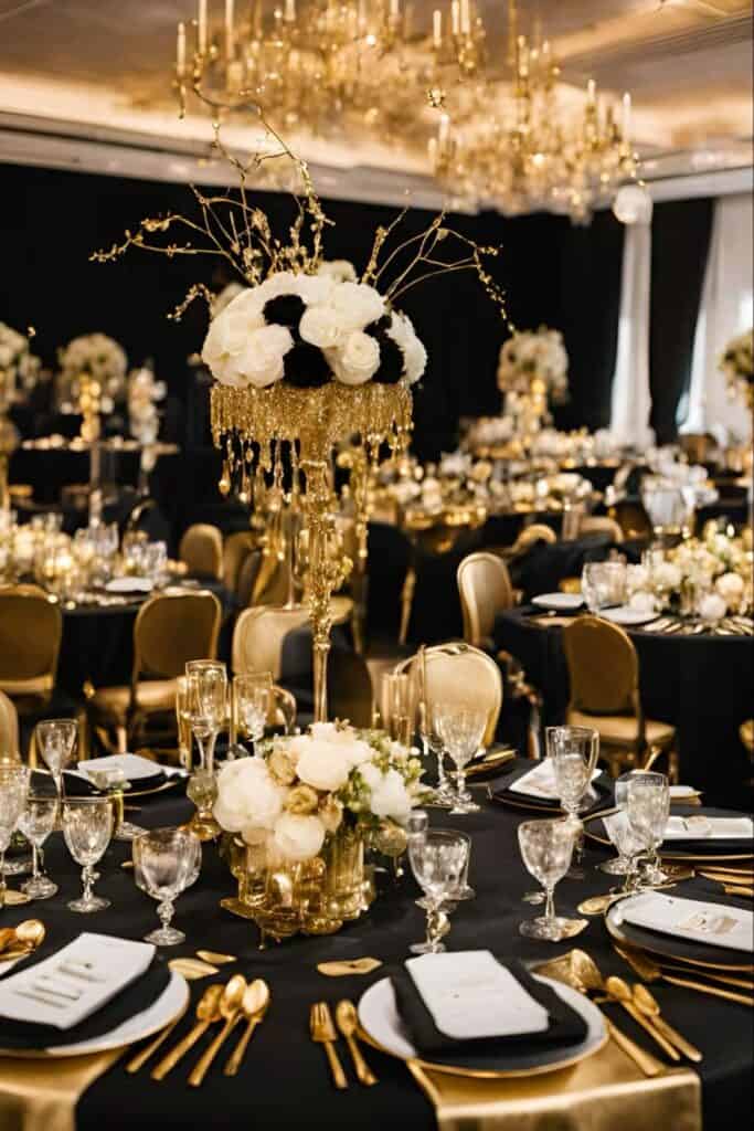 Glamorous black and gold wedding table decoration